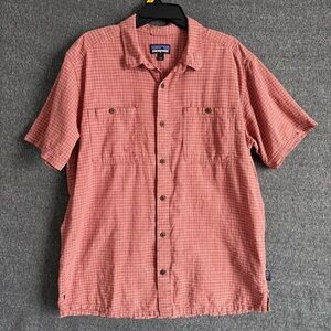 Patagonia Mens L Red Print Back Step Button Up Hemp Blend Shirt